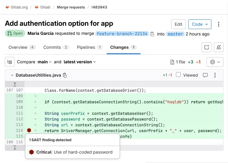 GitLab SAST inline vulnerability indicator in merge request diff view