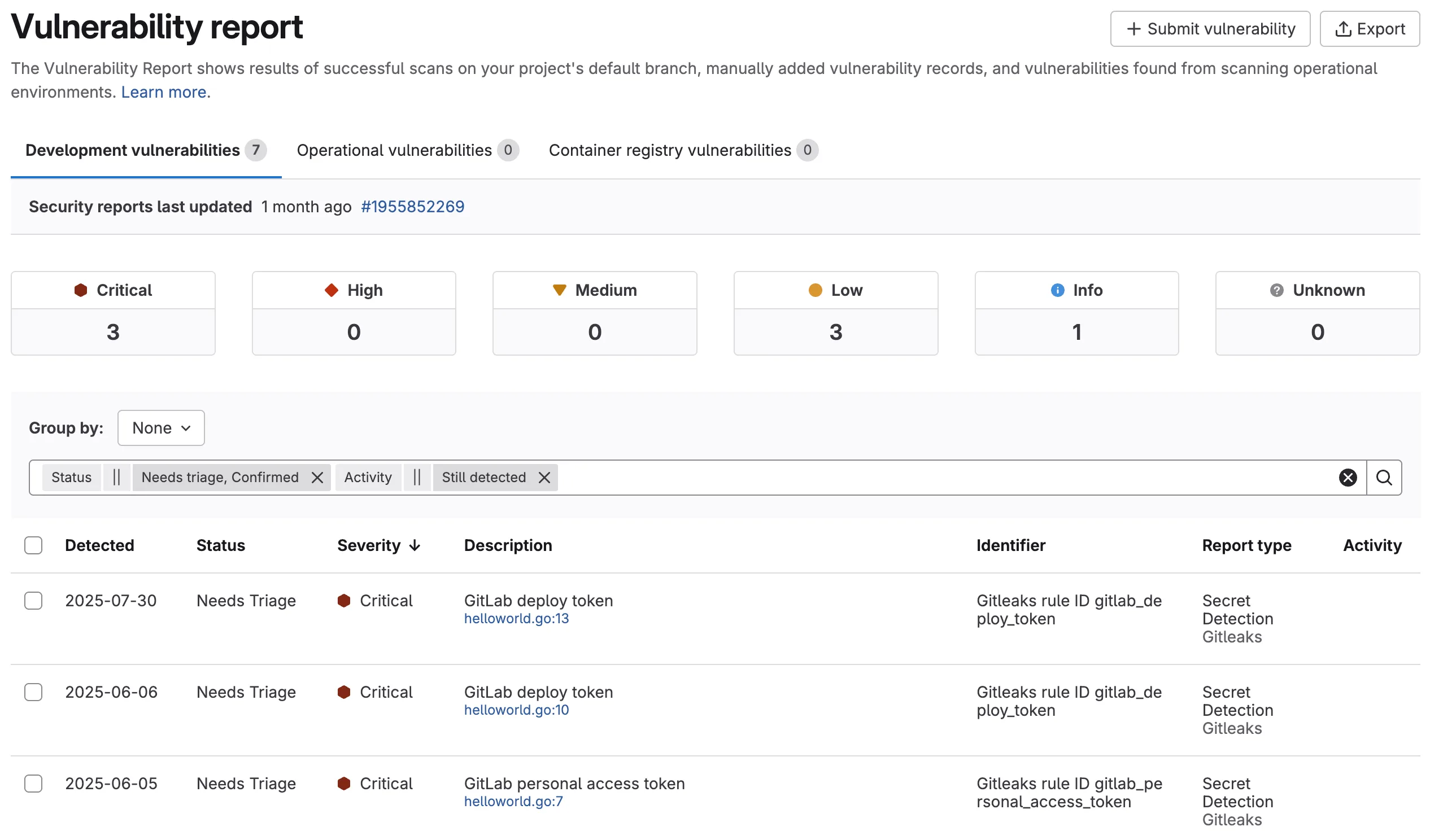 GitLab vulnerability report showing project security findings