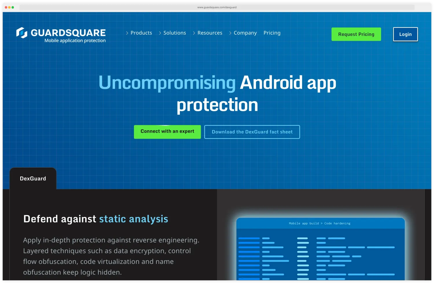 Guardsquare DexGuard product page describing multilayered code obfuscation and runtime protection for Android mobile applications