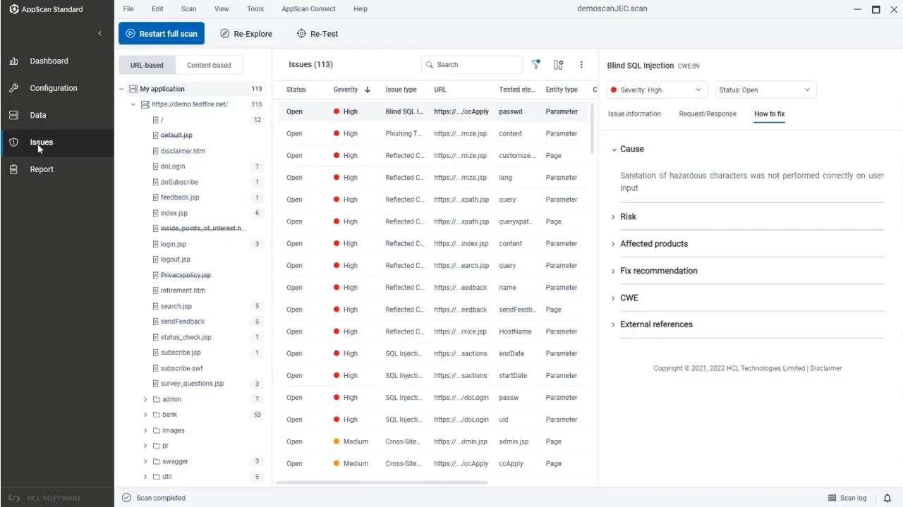 HCL AppScan Standard vulnerability list with severity ratings, CVE references, and remediation details