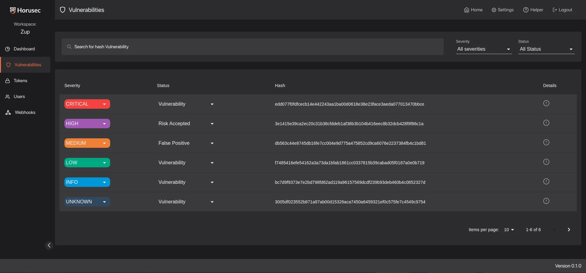 Horusec vulnerability management screen for classifying and triaging security findings