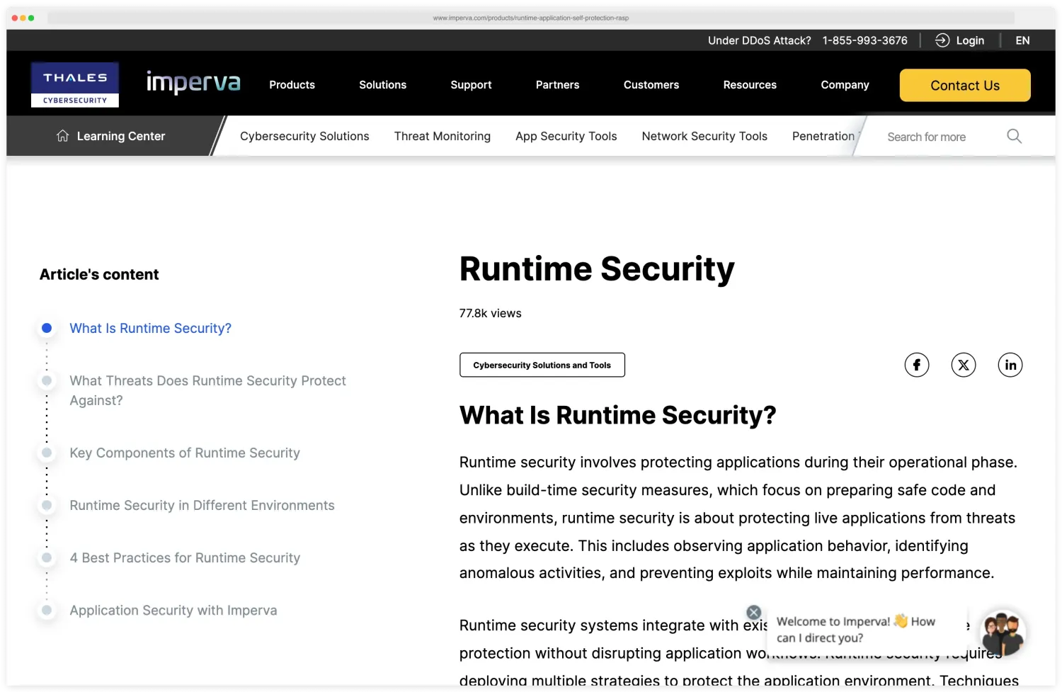 Imperva Learning Center article on runtime security explaining how RASP protects live applications by observing behavior and preventing exploits
