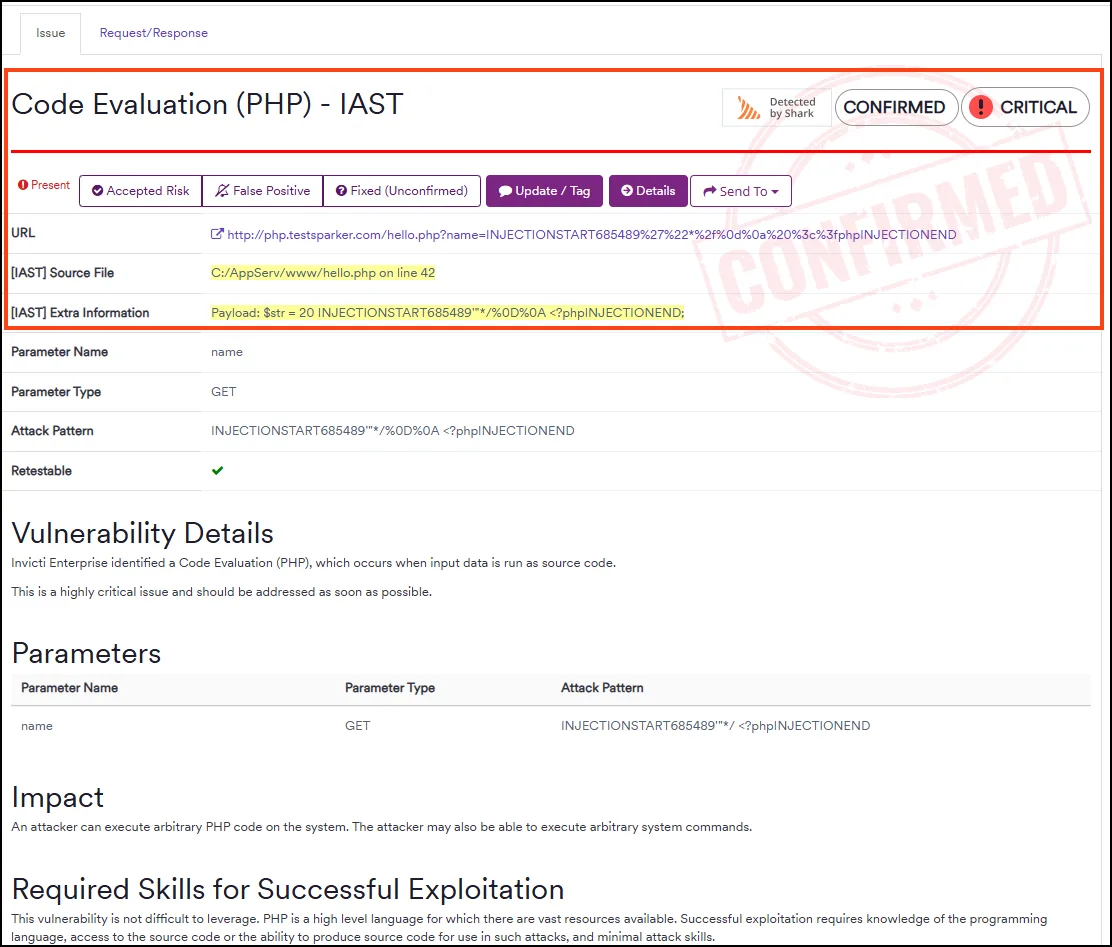 Invicti Shark scan results showing detected vulnerabilities with details