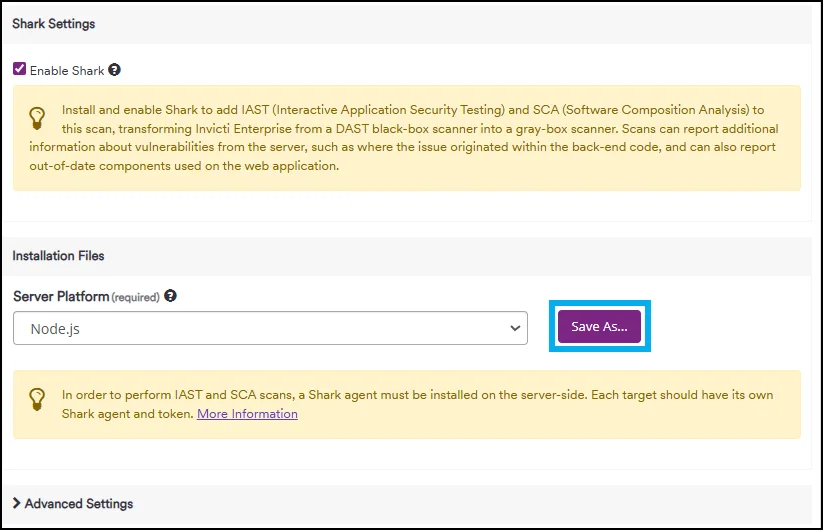 Invicti Shark sensor download interface for deployment