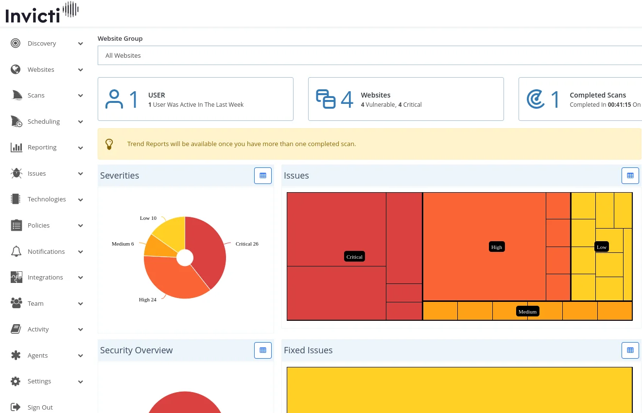 Invicti enterprise dashboard showing vulnerability overview and scan status