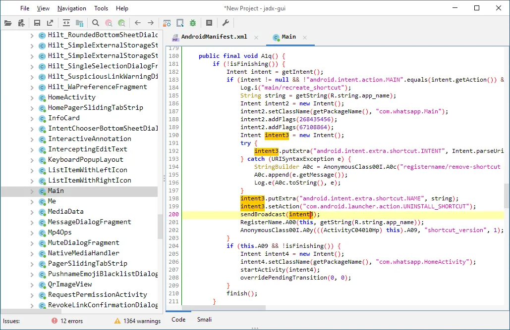 Jadx GUI showing decompiled Java source code with class hierarchy navigation