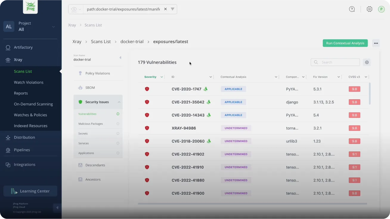 JFrog Xray Scans List showing 179 vulnerabilities with severity, CVE IDs, Contextual Analysis status, and CVSS v3 scores for a scanned Docker artifact