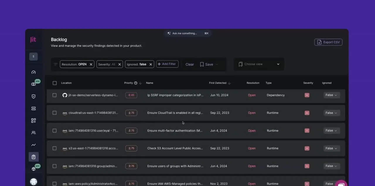 Jit backlog view filtering and managing the security findings detected across a product