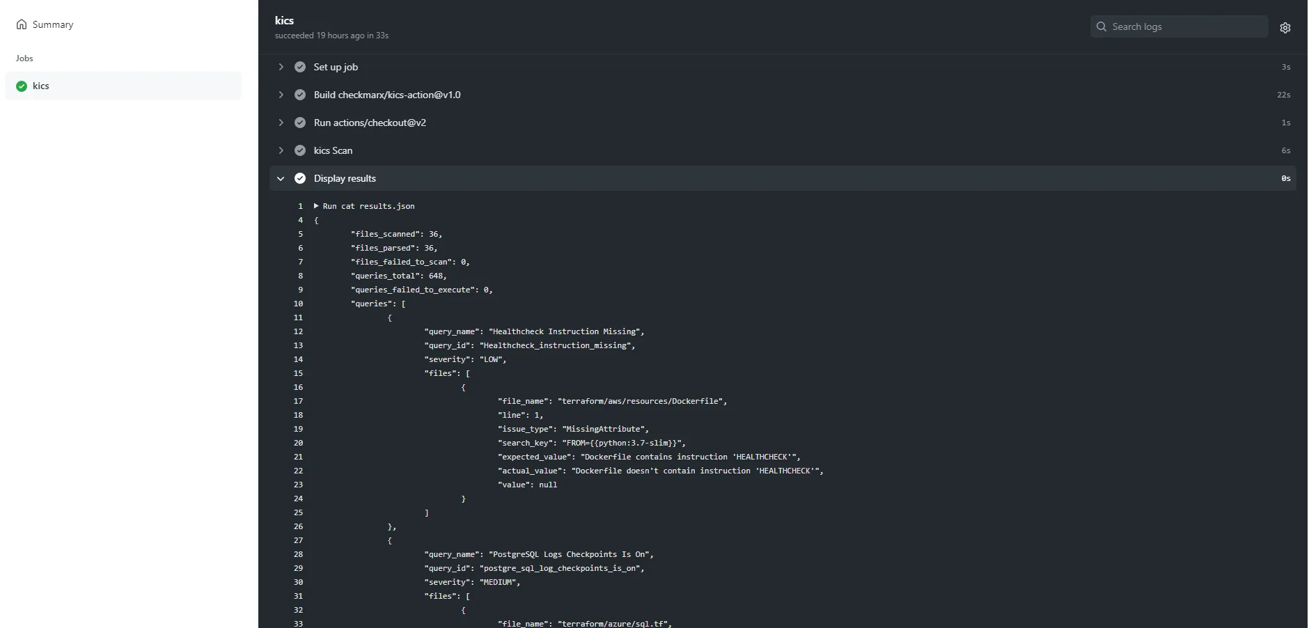 KICS scan running in GitHub Actions showing JSON results output with query findings