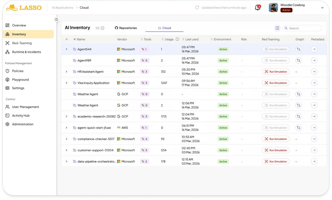 Lasso Security AI Inventory listing discovered agents and applications