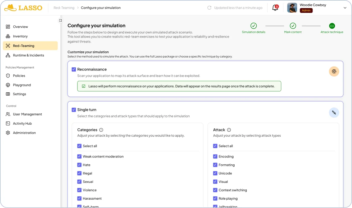 Lasso Security red-teaming simulation setup with attack categories and techniques