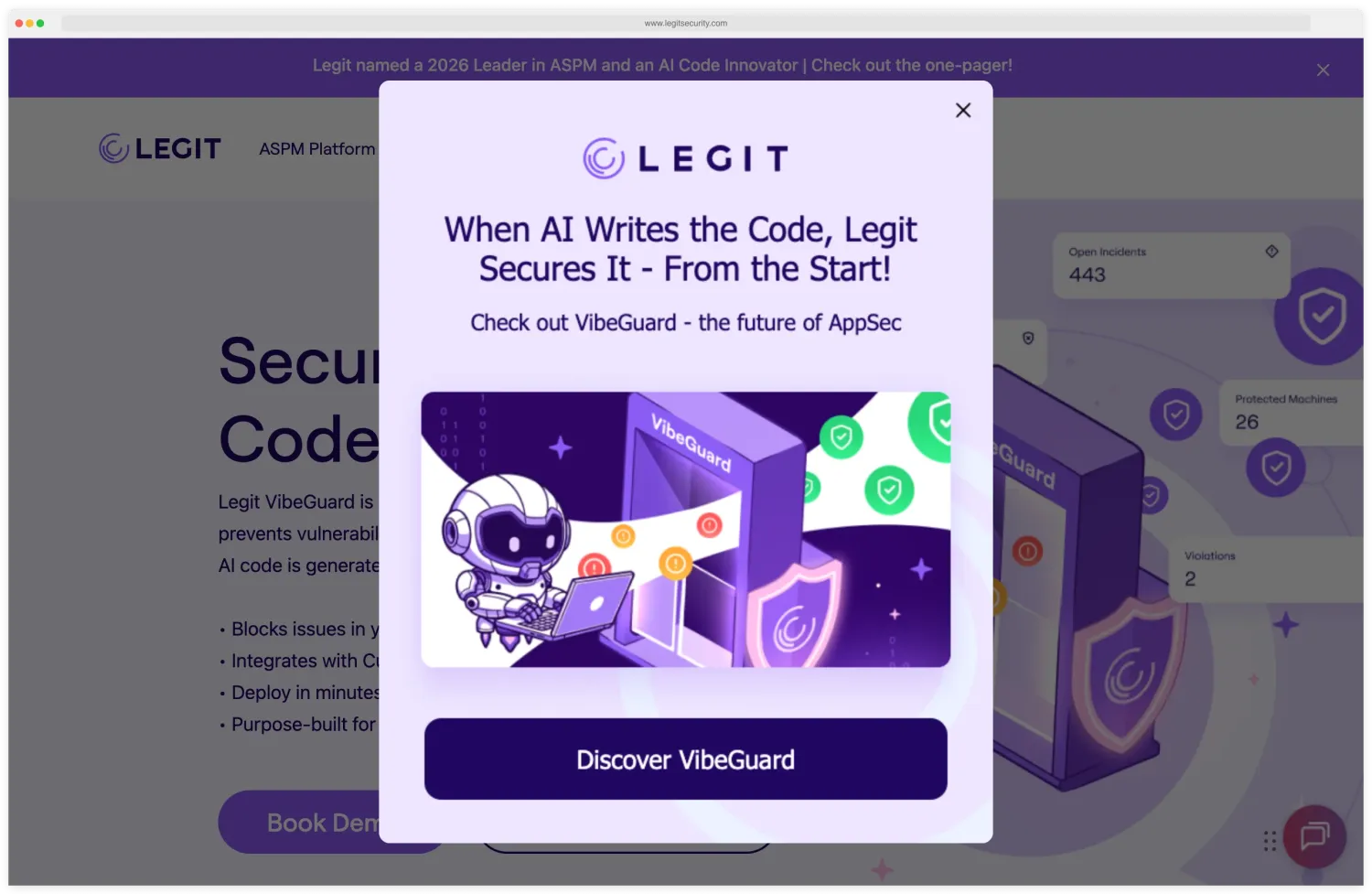 Legit Security ASPM platform homepage showing application security posture management with secrets detection, IaC scanning, and AI code review
