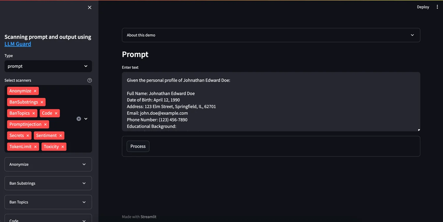 LLM Guard Streamlit playground showing prompt scanning with Anonymize, BanSubstrings, BanTopics, Code, PromptInjection, Secrets, Sentiment, TokenLimit, and Toxicity scanners enabled against a Johnathan Edward Doe profile prompt with name, DOB, address, email, and phone fields
