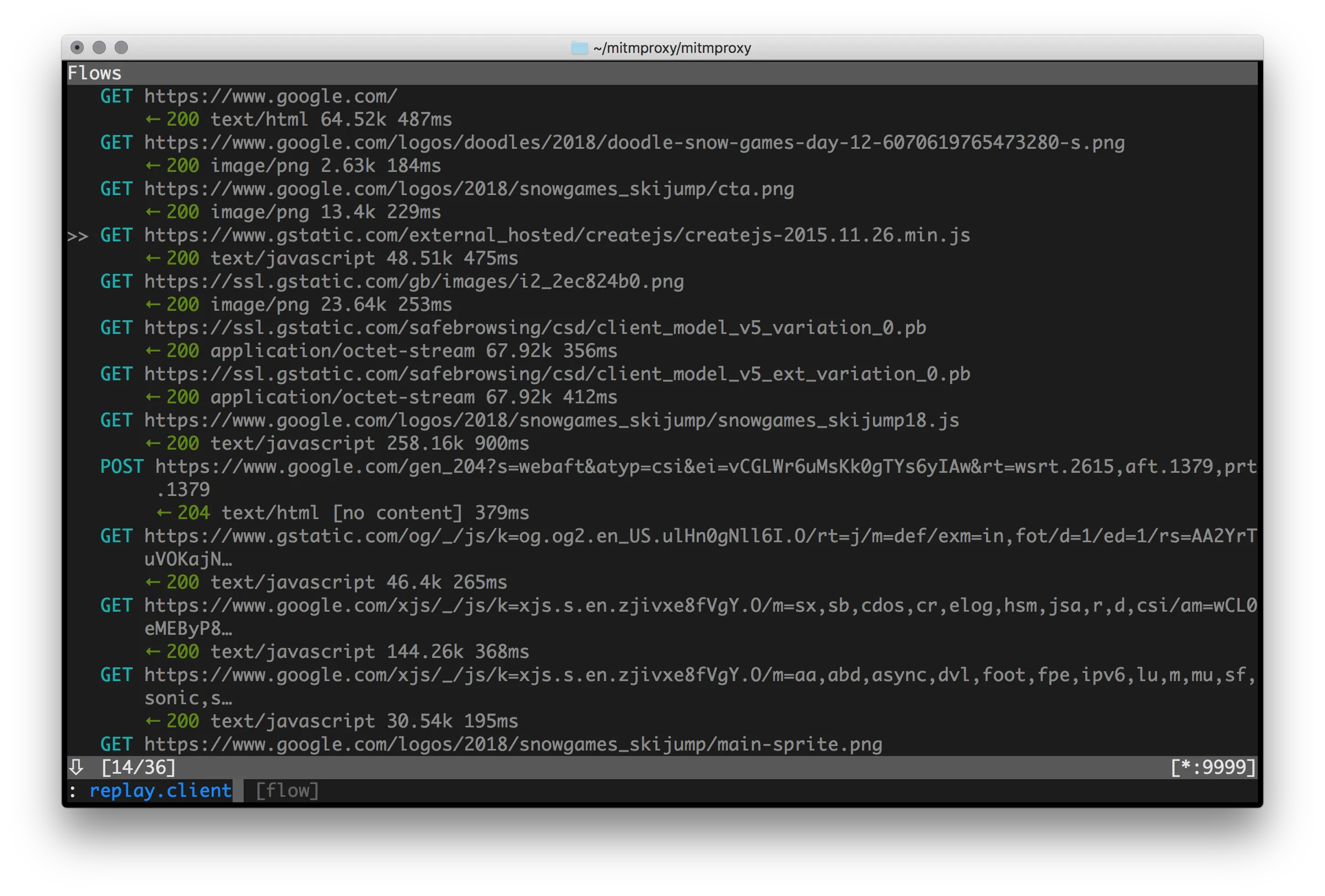 mitmproxy console interface showing intercepted HTTP requests and response details
