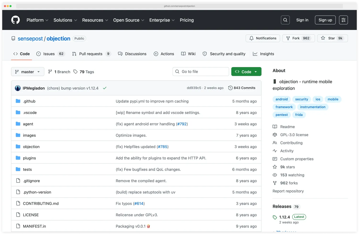 Objection GitHub repository (github.com/sensepost/objection) showing 9k stars, 962 forks, 79 tags, GPL-3.0 license, latest release v1.12.4 from two weeks ago, and the project's directory structure including agent, objection, plugins, and tests folders.