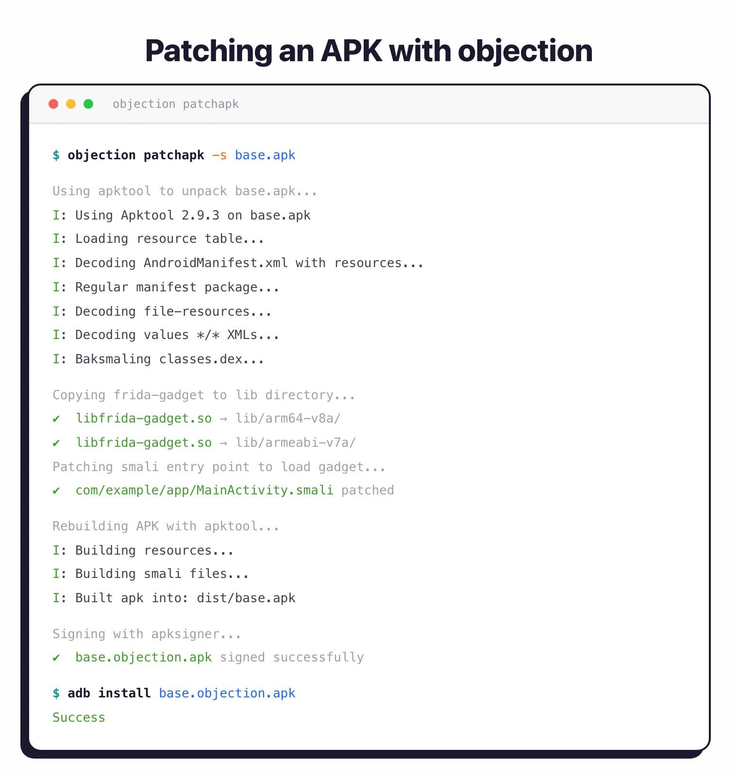 objection patchapk CLI output showing apktool unpack, frida-gadget injection, rebuild, and adb install sequence