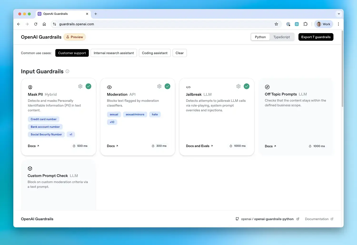 OpenAI Guardrails visual configuration wizard for building input output and tool guardrail pipelines with moderation PII jailbreak and hallucination checks