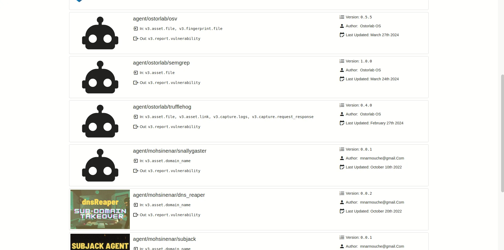 OXO agent store showing available security scanning agents