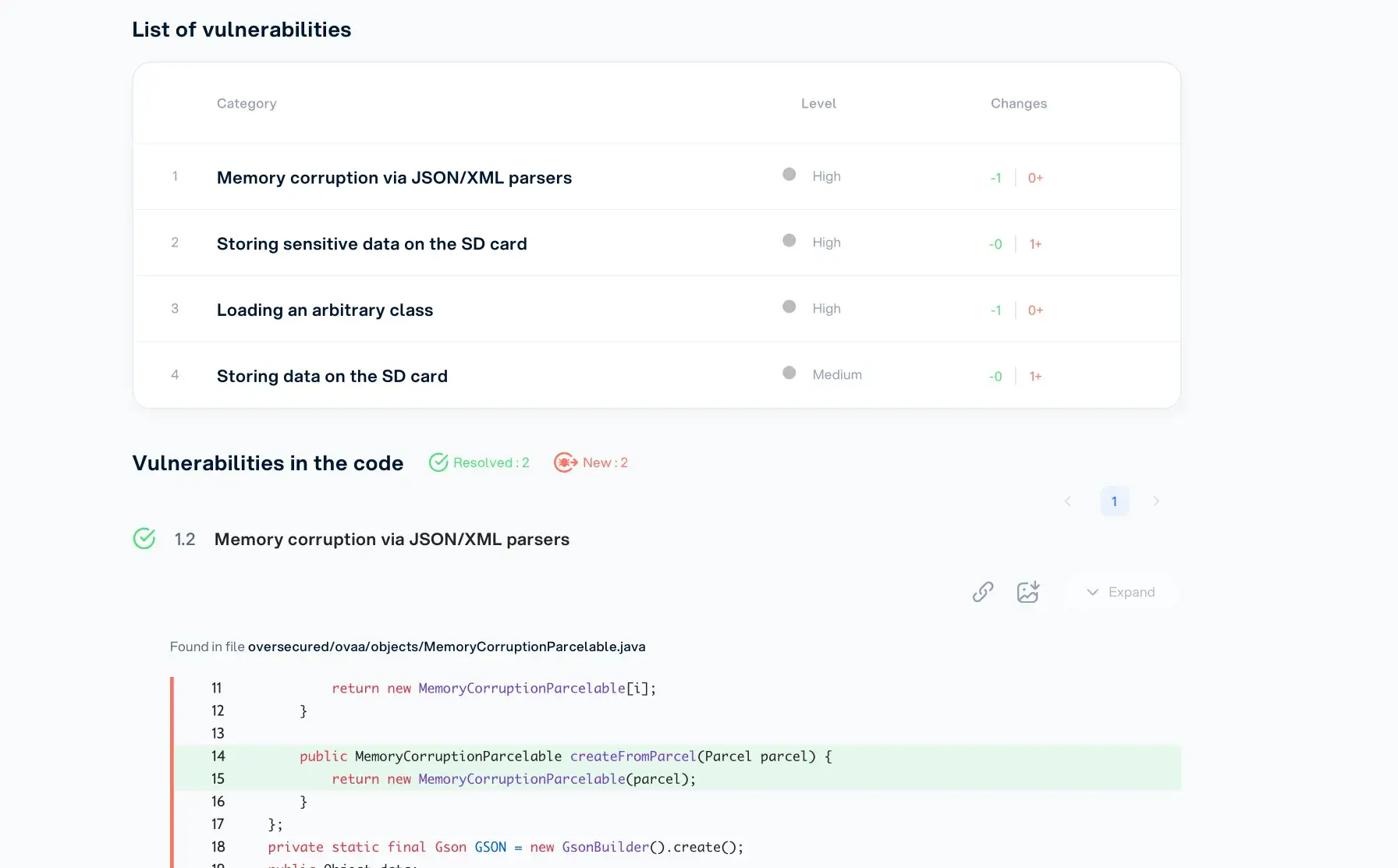 Oversecured vulnerability management dashboard with diff comparison between scans