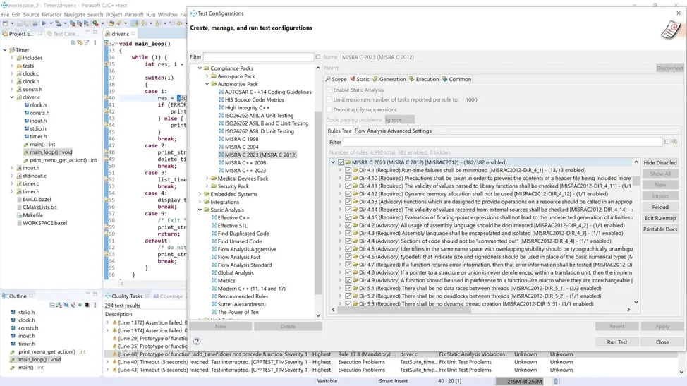 Parasoft C/C++test static analysis interface in Eclipse IDE showing rule violations, code view, and analysis results