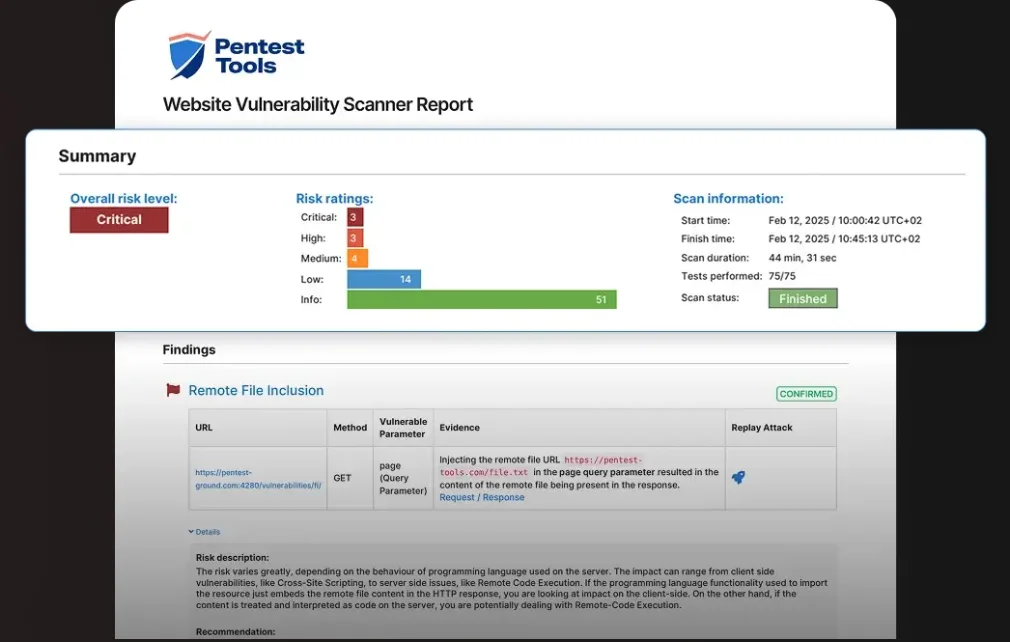 Pentest-Tools.com website vulnerability scanner report showing findings with severity ratings and evidence