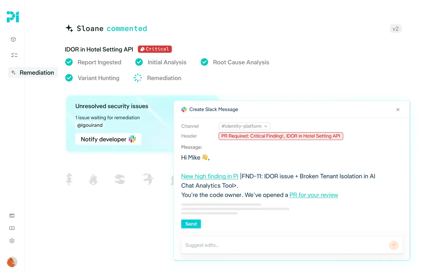 Pi Security remediation view showing root-cause analysis, pull-request status, and a developer notification