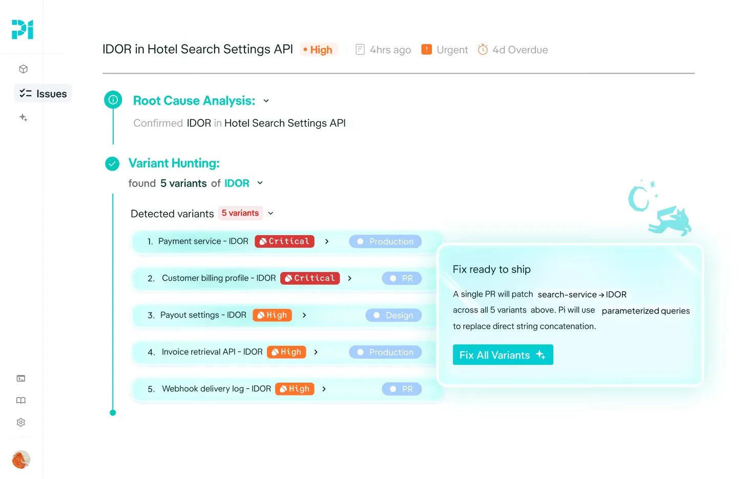 Pi Security root-cause analysis showing five IDOR variants and a proposed fix