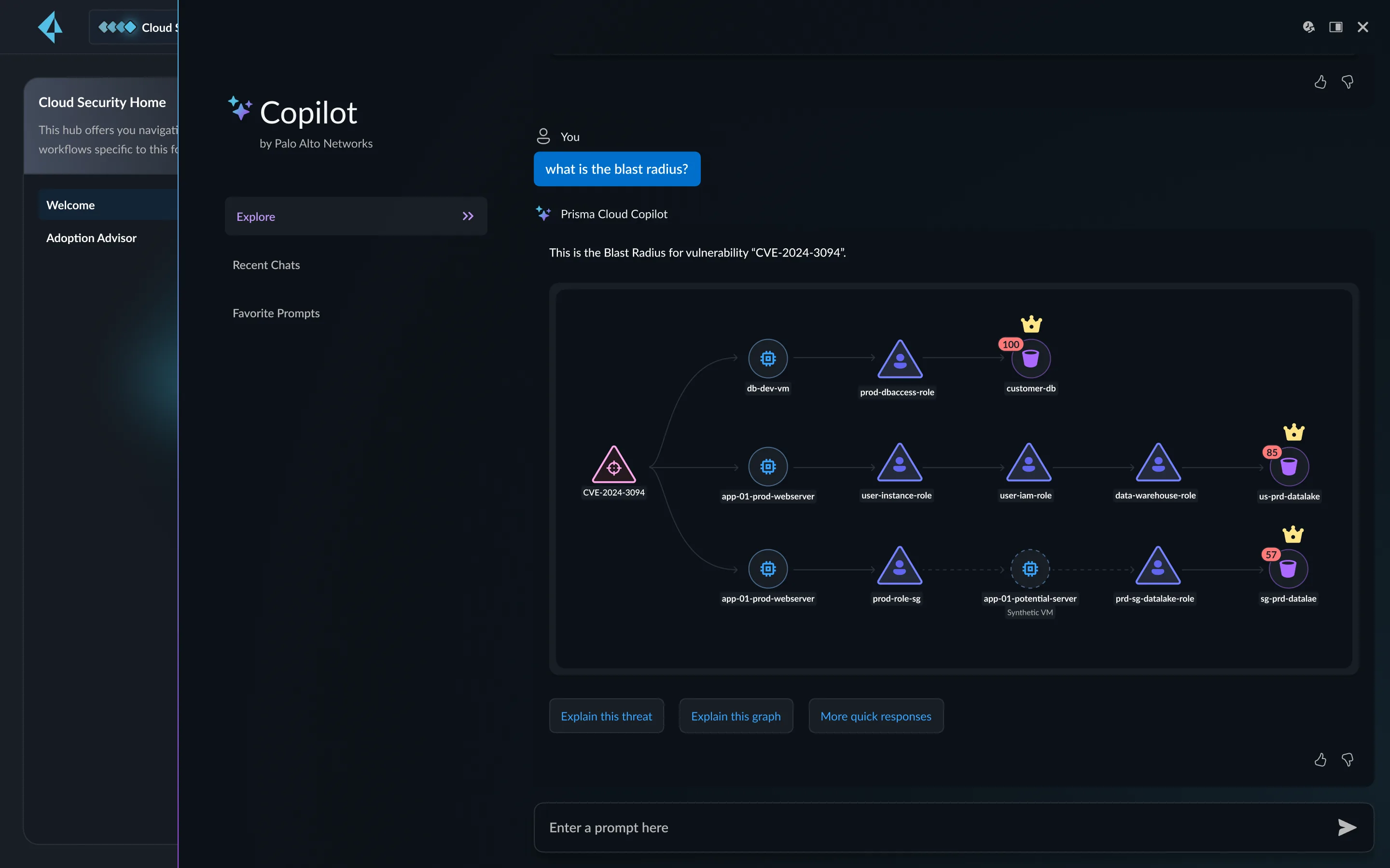 Prisma Cloud AI-powered risk insights showing prioritized vulnerability findings