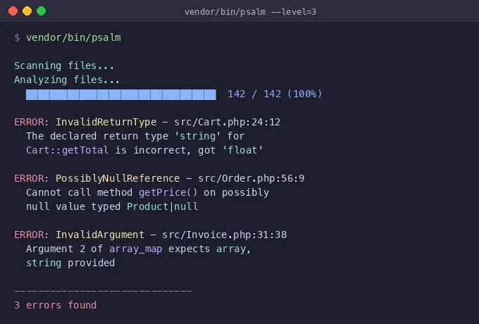 Psalm type analysis output showing InvalidReturnType, PossiblyNullReference, and InvalidArgument errors with progress bar