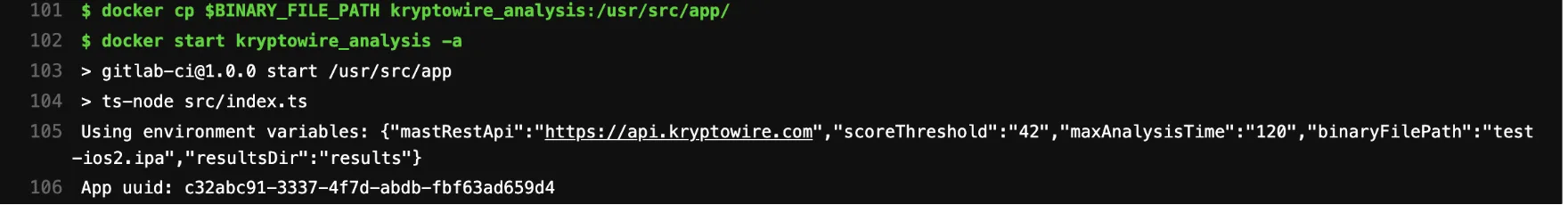 GitLab pipeline log of the Quokka Q-mast job copying an iOS IPA into the analysis container and starting a scan with a score threshold of 42