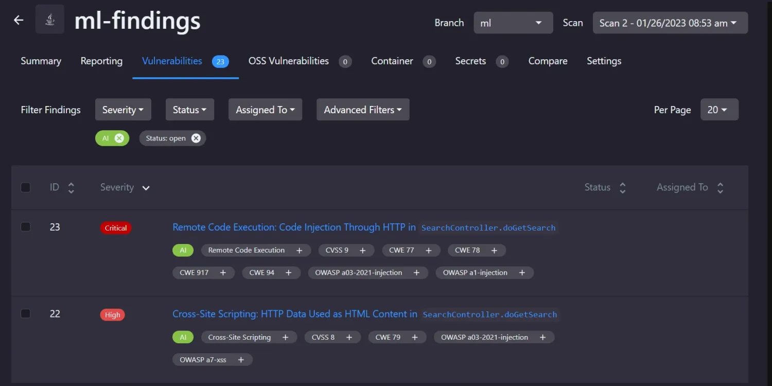 Qwiet AI SAST findings list showing critical and high severity vulnerabilities with CVE and CWE tags