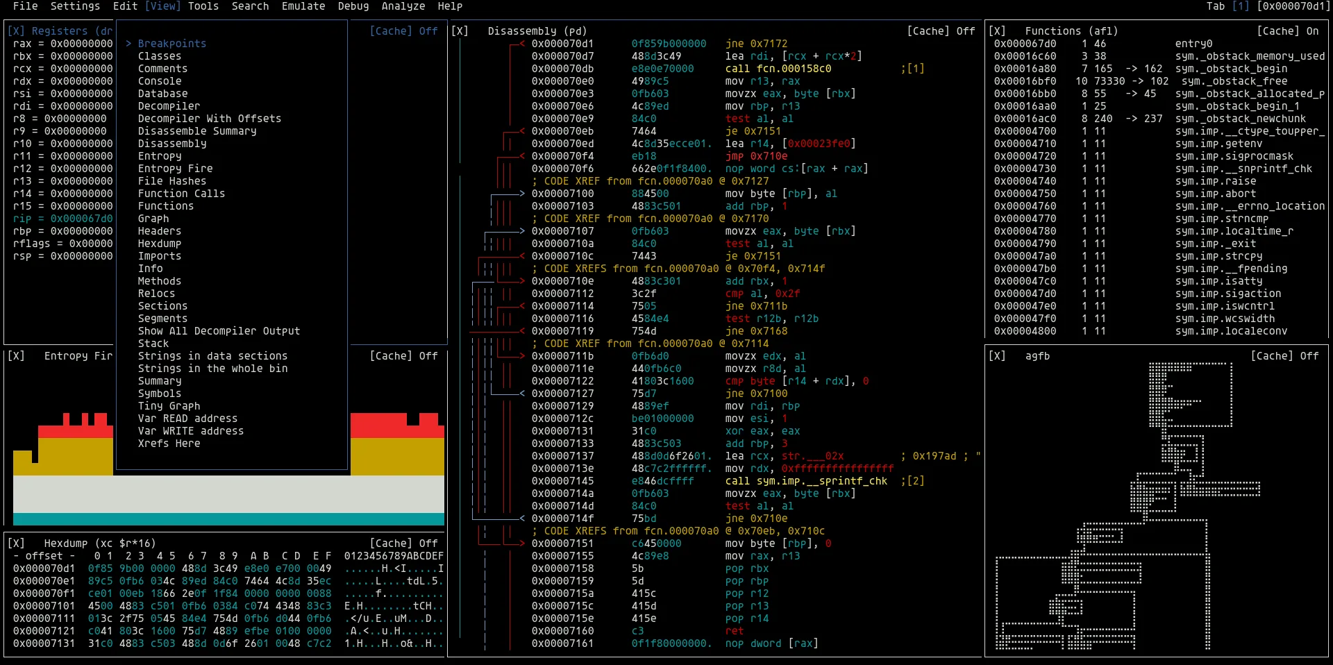 radare2 visual mode showing multi-panel terminal interface with disassembly, hex view, graph, and function list