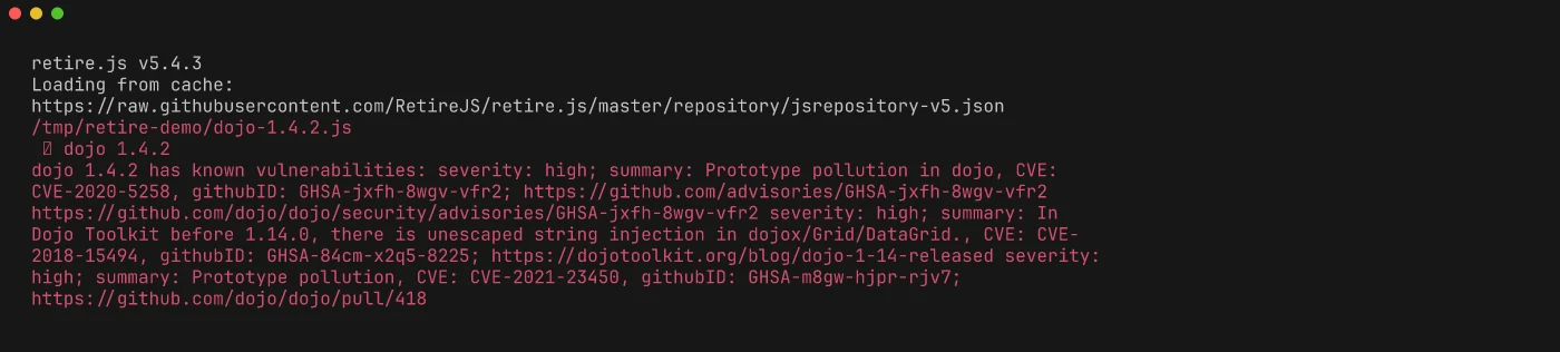 Retire.js terminal scan showing high-severity vulnerabilities detected in Dojo 1.4.2
