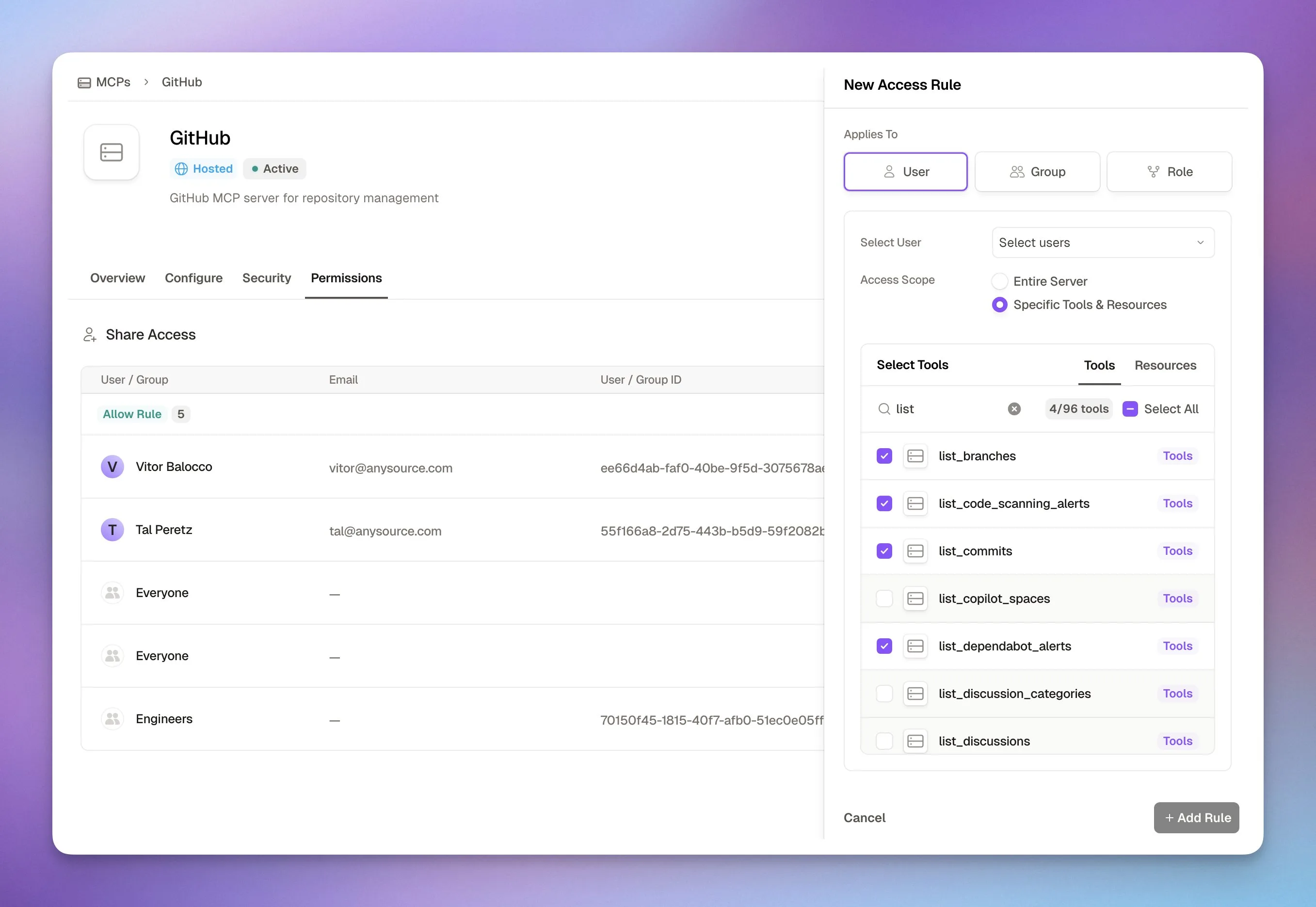 Runlayer permissions screen showing a GitHub MCP access rule scoped to selected users, tools, and resources
