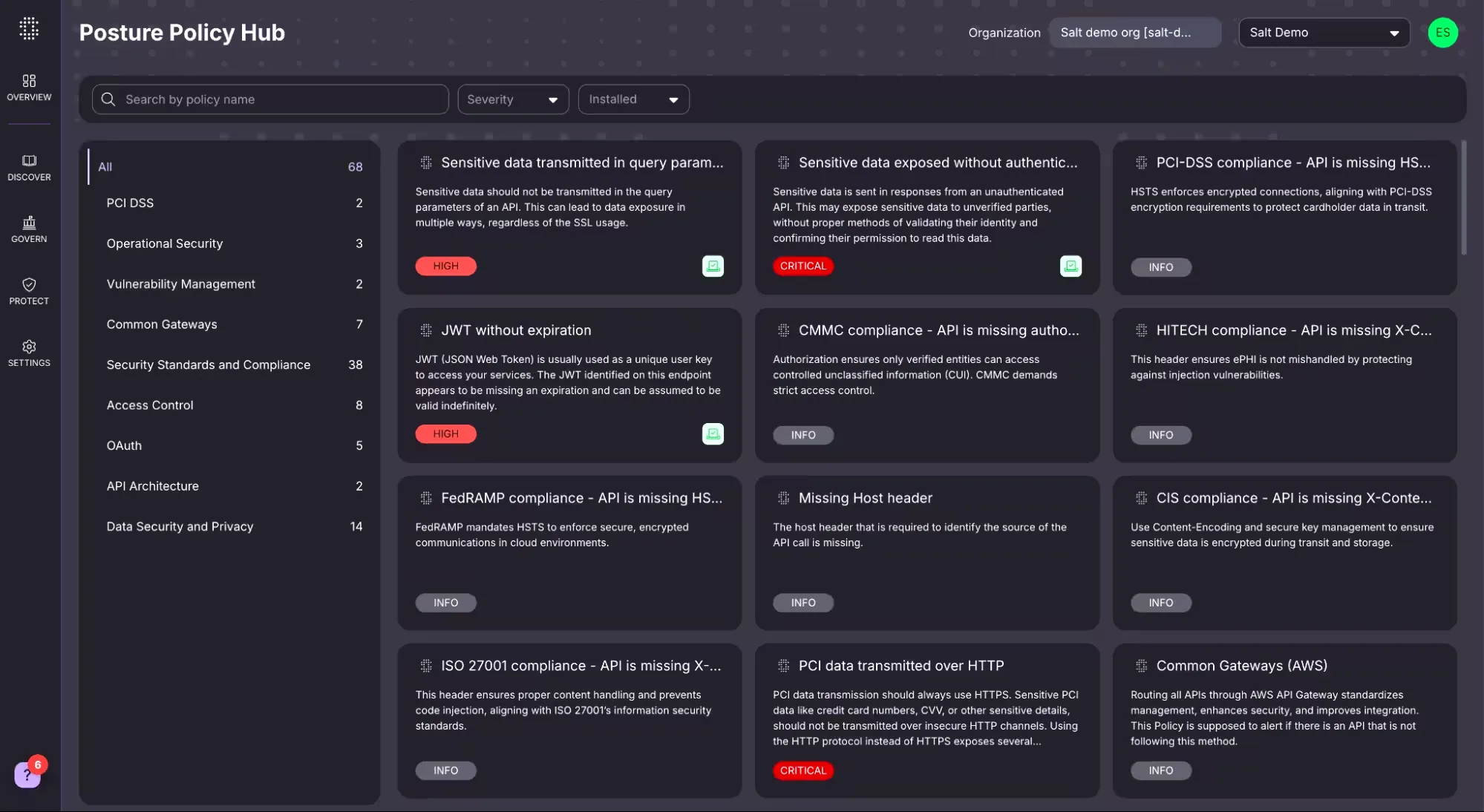 Salt Security Posture Policy Hub showing compliance categories including PCI DSS, operational security, and data privacy rules