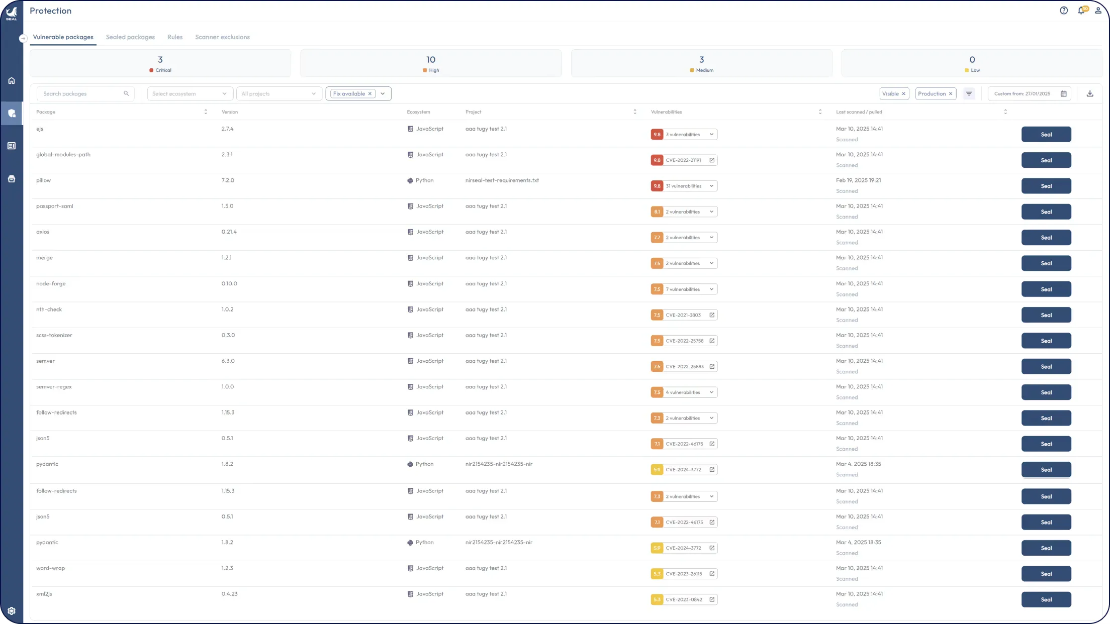 Seal Security Protection dashboard listing vulnerable open-source packages with severity scores, ecosystem, project, and per-package Seal buttons