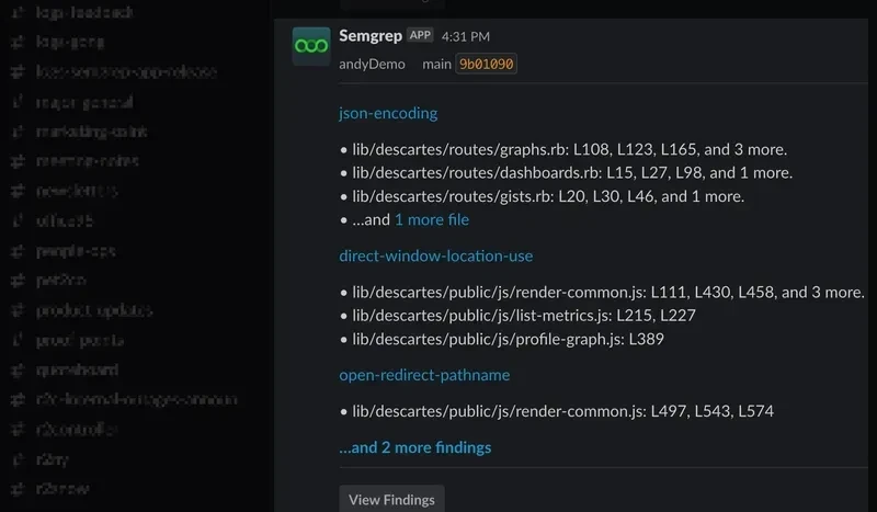 Semgrep findings view listing detected issues with rule name, severity, file path, and matched code snippet for each finding.