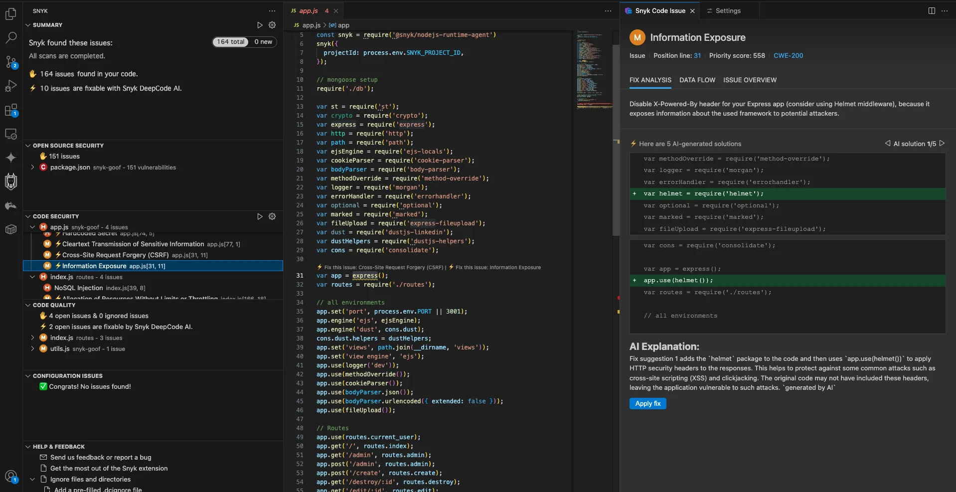Snyk Code AI fix suggestions showing recommended code changes for a detected vulnerability