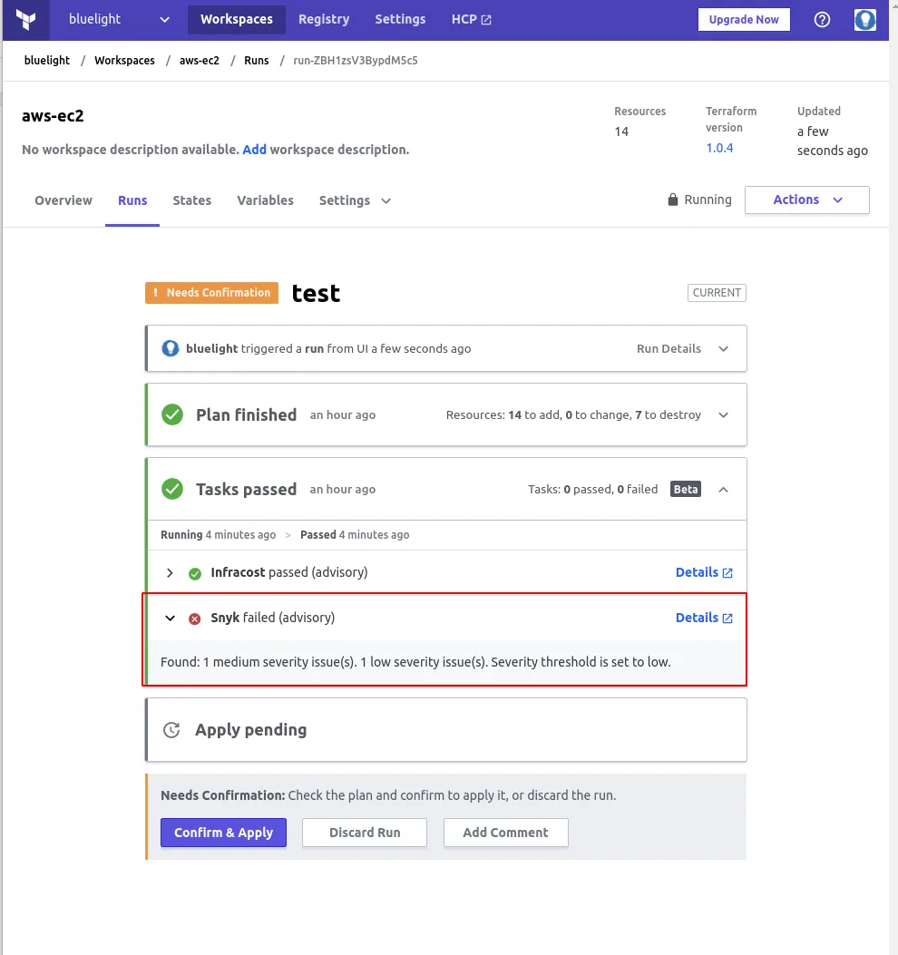 Snyk IaC Terraform scan results showing identified security misconfigurations