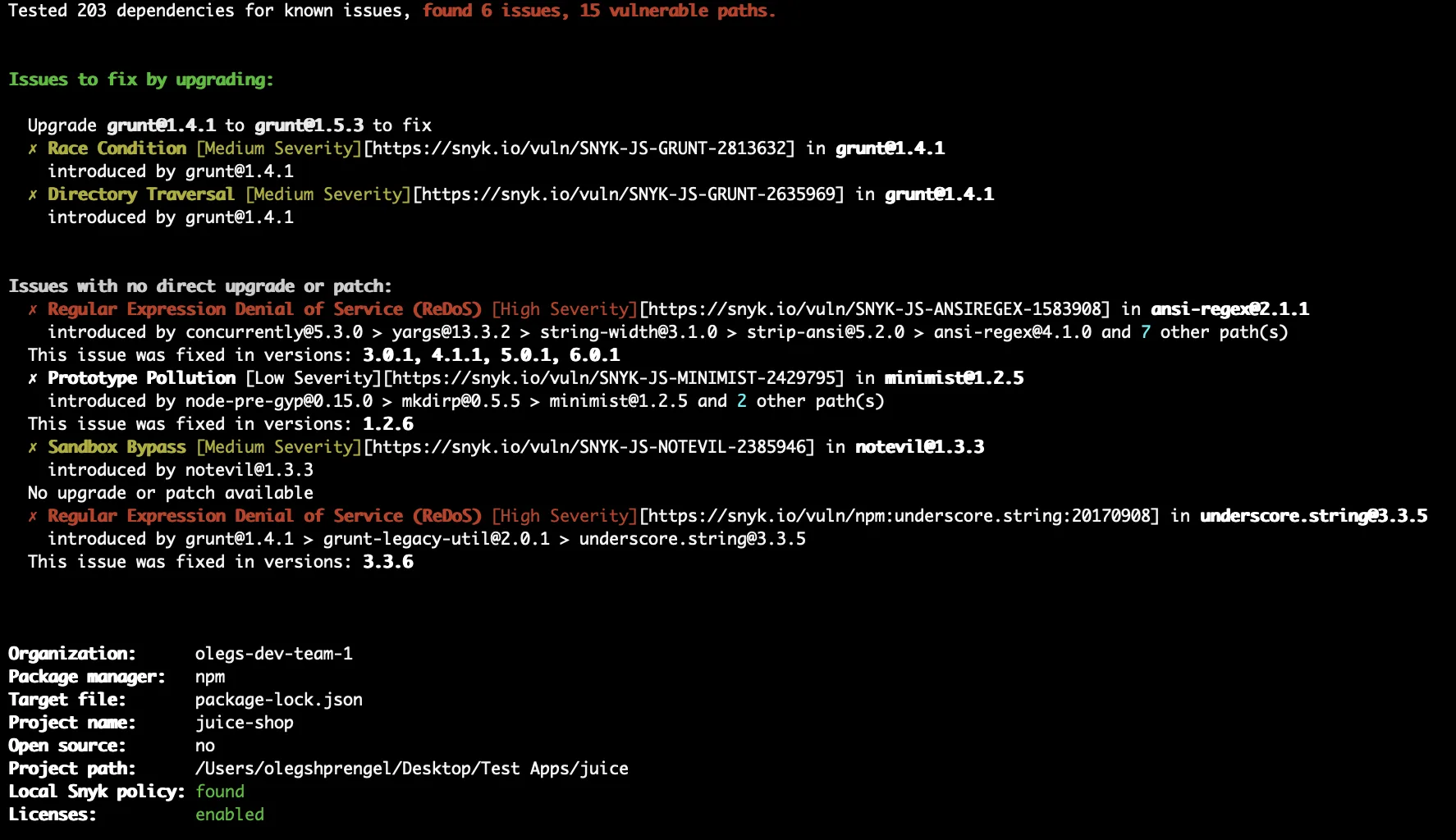 Snyk CLI test output showing vulnerabilities found, severity, and remediation paths