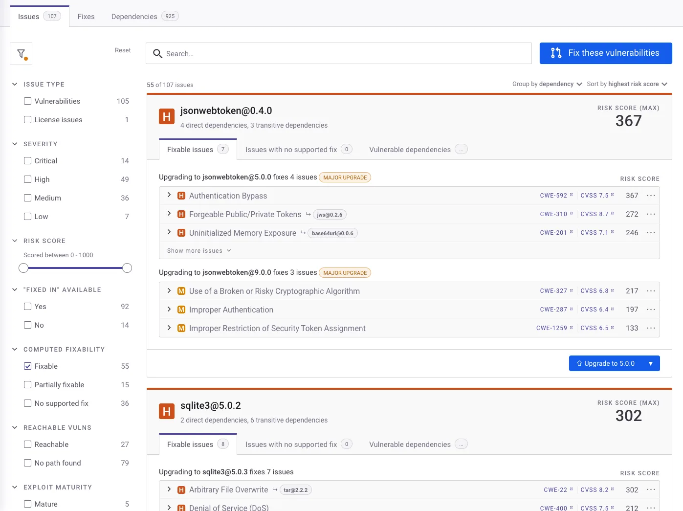 Snyk Open Source issues tab showing vulnerability list with severity and dependency details