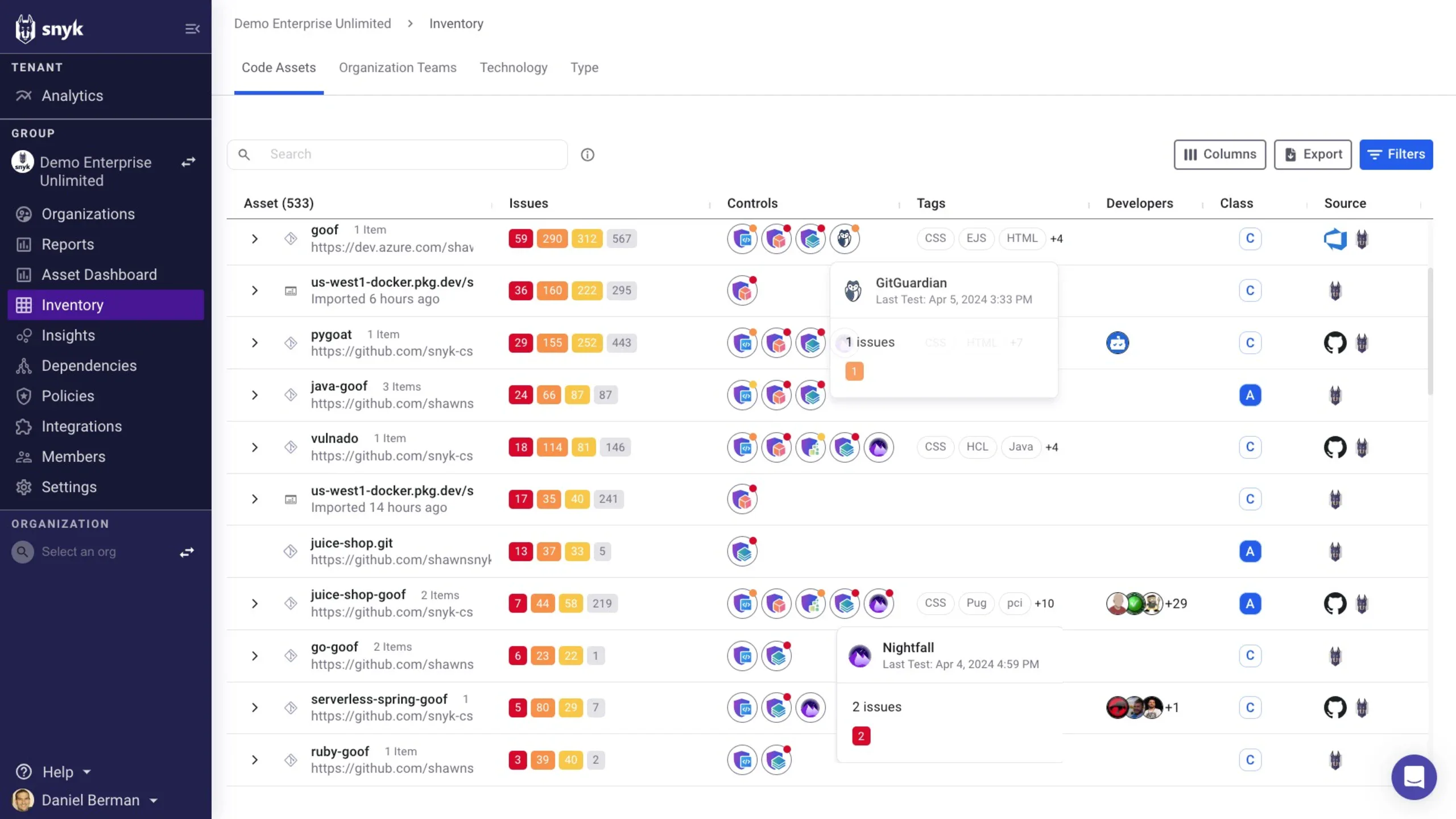 Snyk AppRisk asset inventory listing application repositories with their open issues, security controls, and source