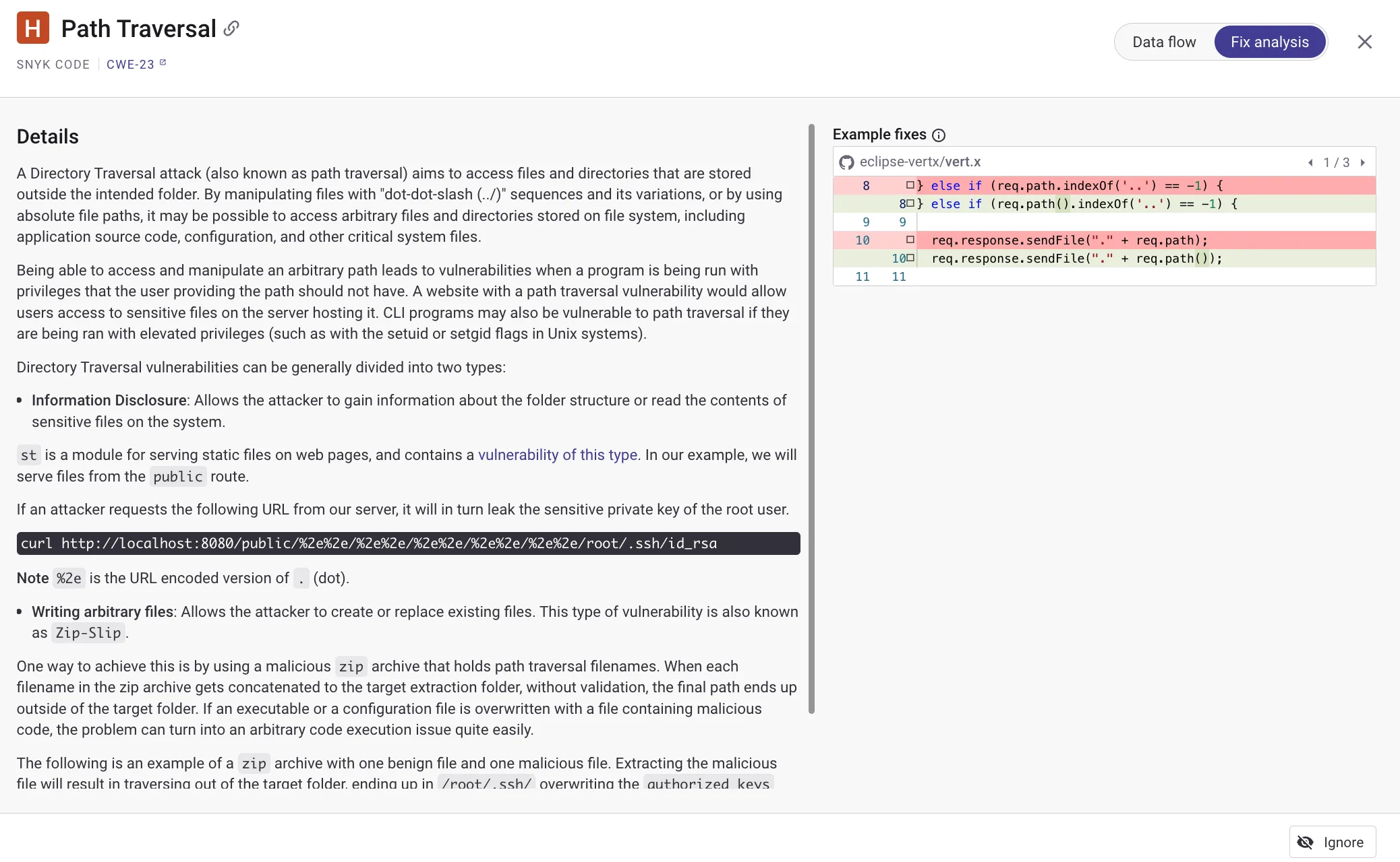 Snyk fix analysis showing recommended code changes for a detected vulnerability