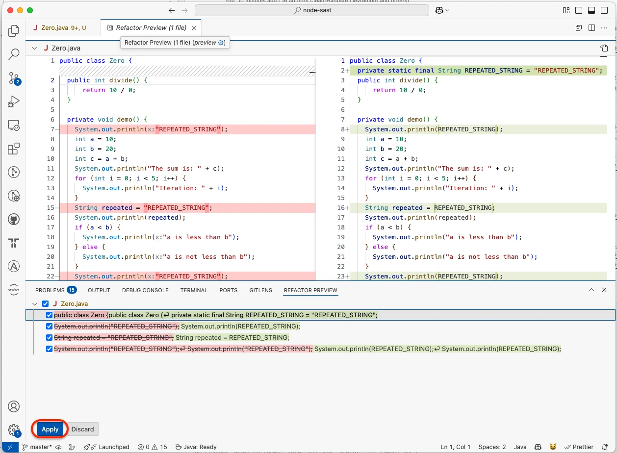 SonarQube for IDE in VS Code showing AI-powered code fix preview — problematic code on the left and the suggested clean version on the right