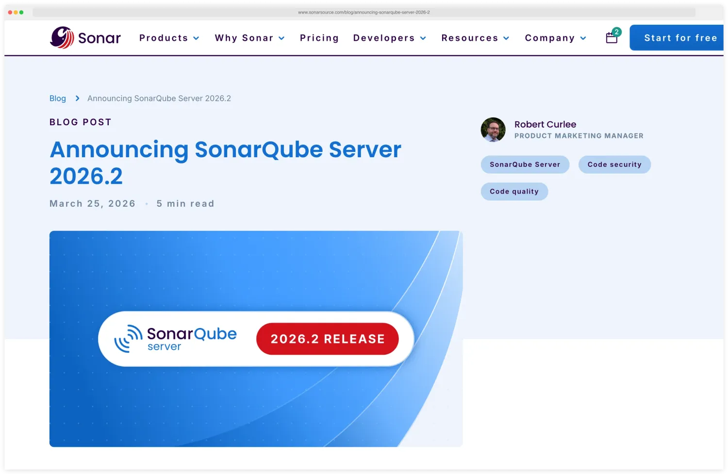 SonarQube Server 2026.2 release announcement on sonarsource.com blog β title 'Announcing SonarQube Server 2026.2', published March 25, 2026, with 2026.2 RELEASE badge