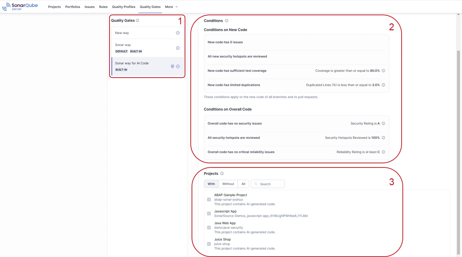 SonarQube quality gate configuration showing pass/fail conditions for code coverage, duplication, and reliability