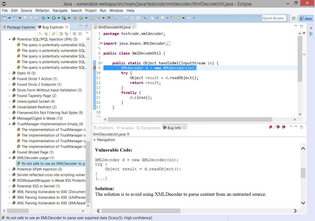 Find Security Bugs findings in Eclipse showing SQL injection, XXE, and XMLDecoder categories with a vulnerable-code and solution panel