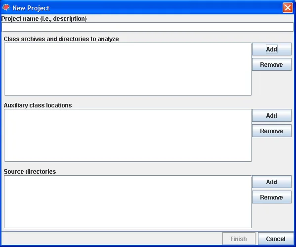 SpotBugs new-project dialog pointing at class archives and directories to analyze