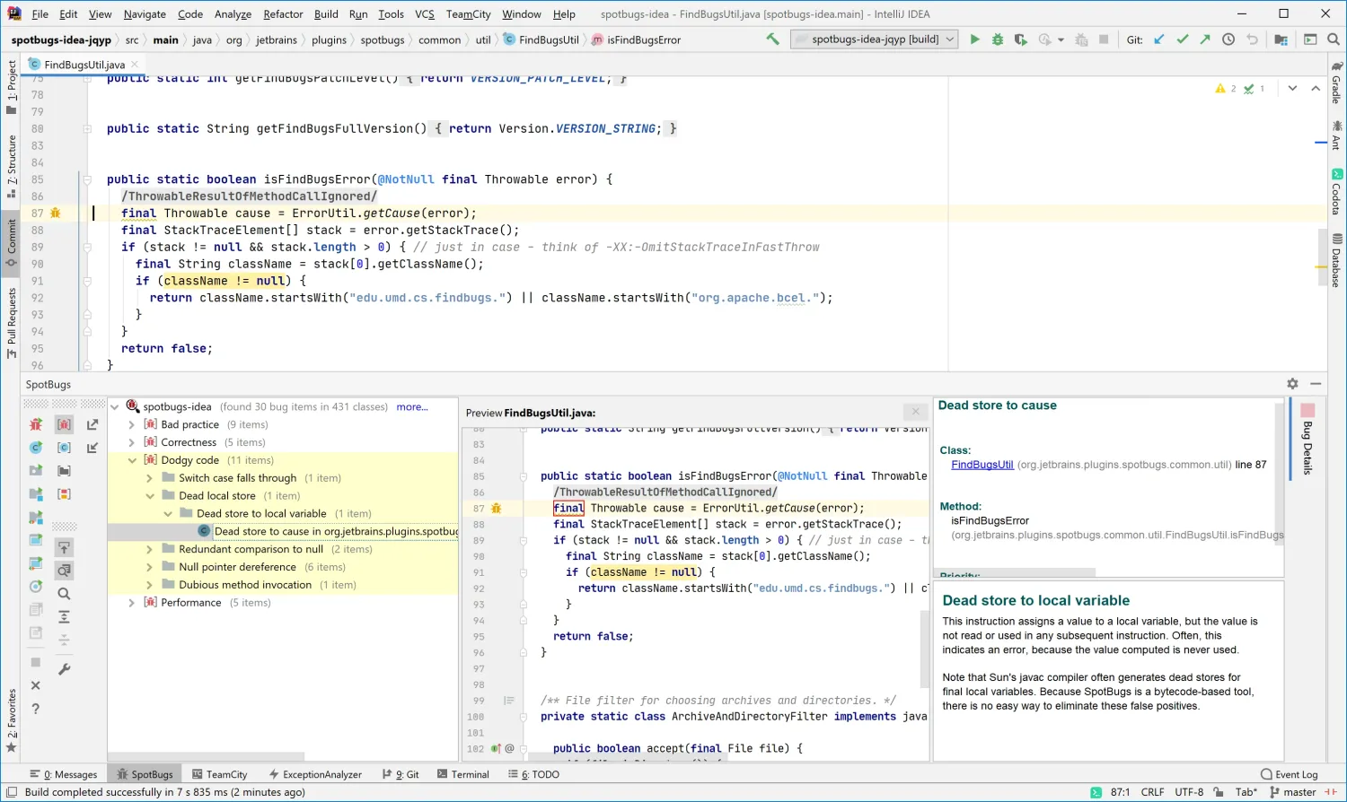 SpotBugs-idea IntelliJ IDEA plugin showing bug list panel, annotated source code, and finding explanation