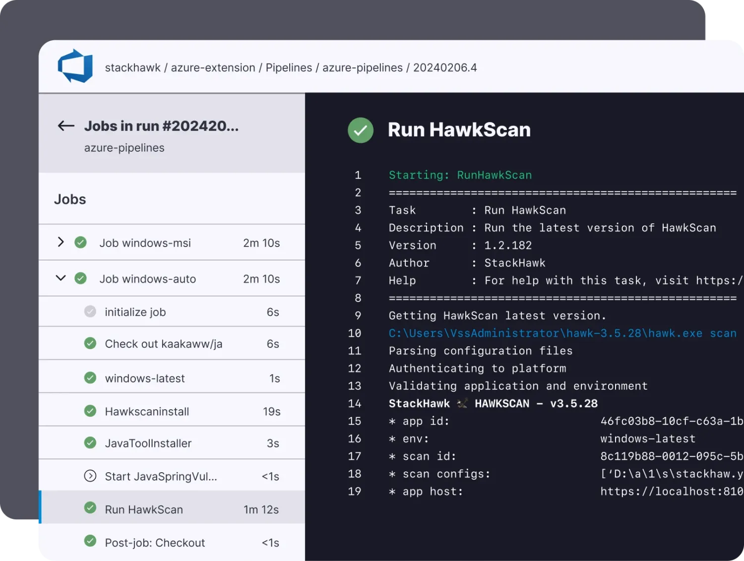 HawkScan running inside Azure Pipelines showing the CI/CD job list with a successful Run HawkScan step, parsing stackhawk.yml config and validating the application environment